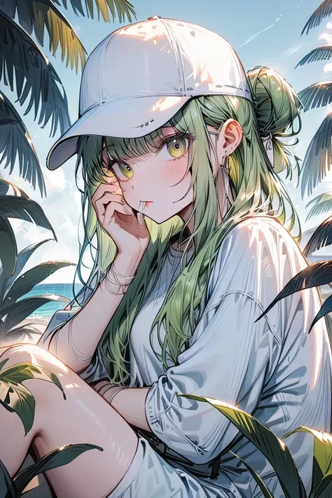 female, Drink lemonade and eat, Wear a white hat,  green hair with one side covered,  green eyes,  long hair, Korean girl with hair tied up , Looking at the side of the camera, A few palm trees,  sitting