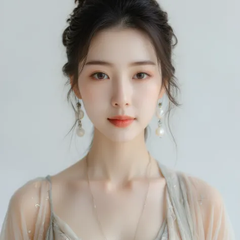 Ultra-fine， HD，Portrait of an extremely beautiful asian girl， facial portrait ，Clear skin texture，Double eyelids， big eyes，The left eyebrow is the same as the right eyebrow，((( with pearl earrings ， sapphire necklace ：1.5)))，(( front view))，Facial highligh...