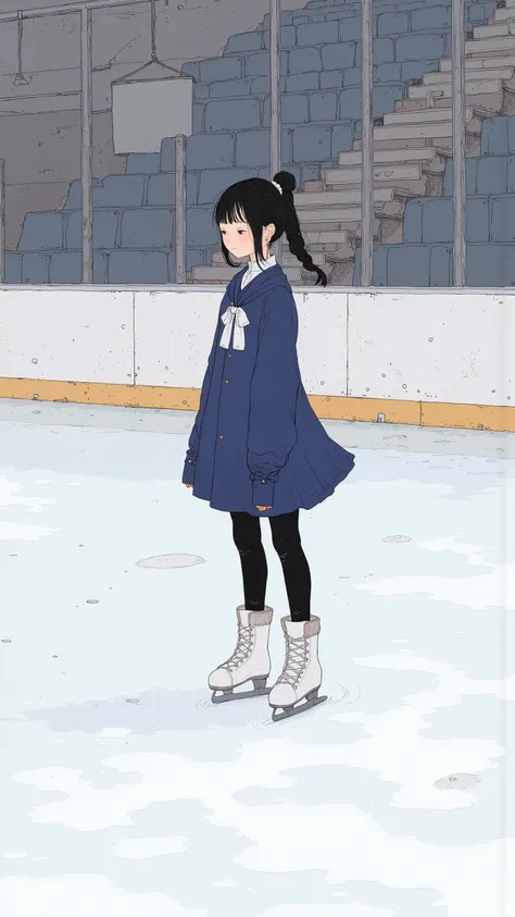 Girl doing figure skating、 ponytail、Navy blue outfit