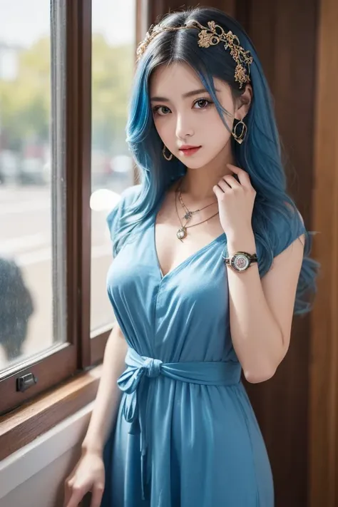  top quality , skilled,  Hair Detail ,  high resolution, (((itch))) , necklace,  hair accessories, ( beautiful faces),  blue dress,  Watch Viewers ,  Blue Hair,  is standing, （Above the waist），Medusa