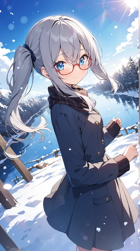 dam、river、winter、snow、blue sky、 1 girl, solo、 blue eyes, Grey Hair、 Side Ponytail、Red-rimmed glasses、How hair flutters in the wind、 dutch angle,  lens flare,  wide angle shot、 Widescreen 、