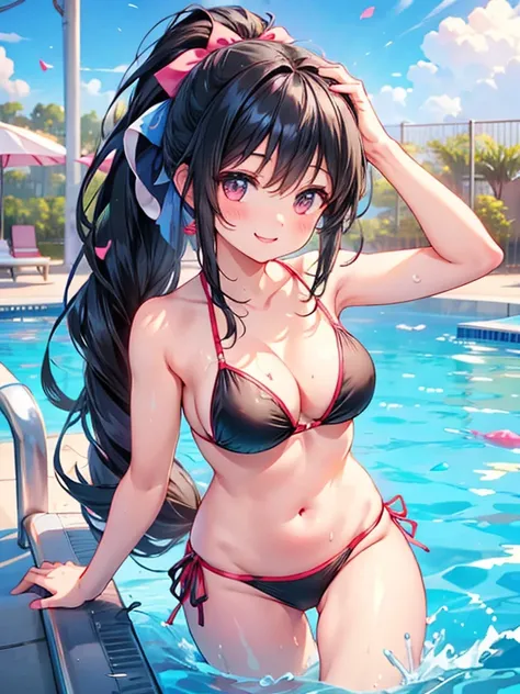  cute high school girl grabbing someone else's head、 Valentine's Day 、 pool、 long hair,  black hair,  ponytail, smile、 bikini