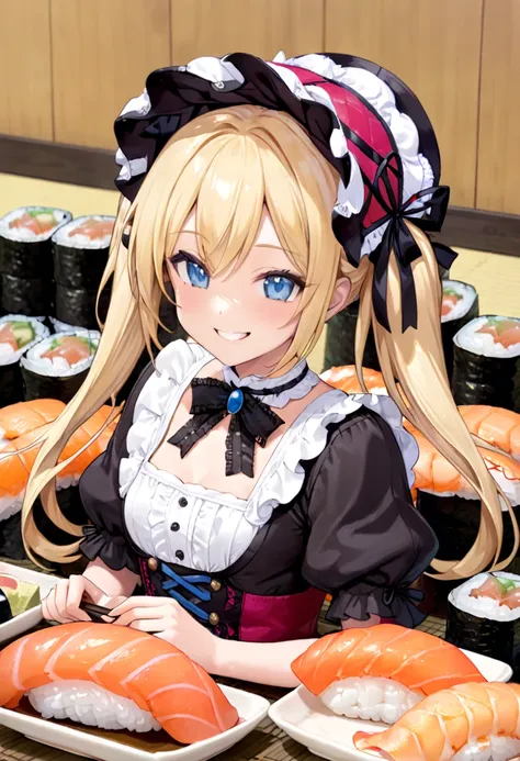 A happy smile,Large serving of  sushi,large amount of sushi,Highest quality,Blonde with blue eyes、Lolita、Small breasts、Twin tails、girl&#39;enjoy,smile,bonnet,