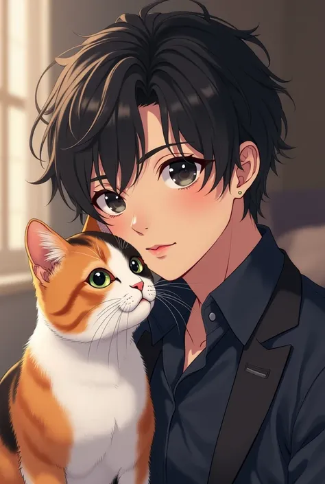 Anime style drawing of a handsome boy with black hair and dark eyes who is with his three-colored calico cat