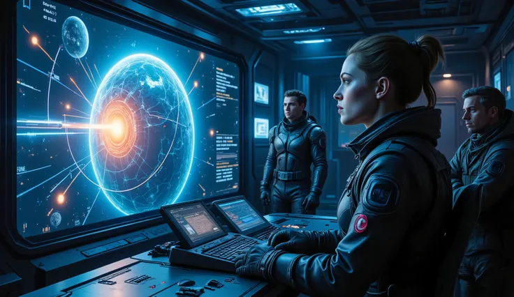 Inside the war room of the rebel headquarters, dim blue lighting casts shadows over the metallic walls, lined with control panels and tactical displays. At the center of the room, a massive holographic projection of a star system flickers into view, reveal...