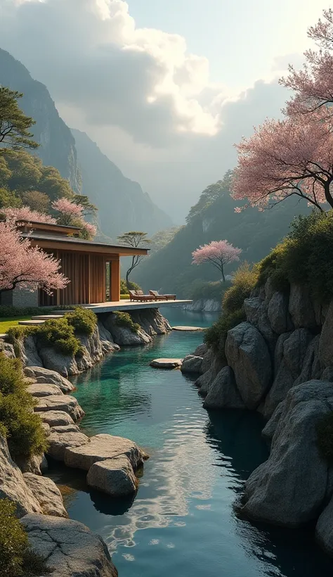 scenery, a simple luxury house in the highlands, blending in with the surrounding nature, shrouded in thick clouds, late afternoon, stone paths, steep ravines on either side, water flowing down to form clear water pools, cherry blossom trees and other beau...