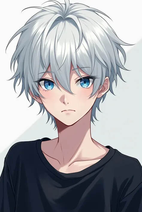 Boy white hair blue eyes anime black shirt white hair messy nose piercing