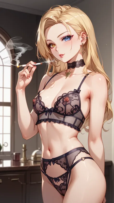 solo、 1 woman 、Beauty、Blonde、 slicked back hair、 straight、Sideburns、 Center-Parted Bangs、 expressive hair 、Silky Hair、 round eyes, beautiful Eyes、Eye Reflexes、 textured skin、 small breasts、 slim、( she is using just elegant lingerie),( complete lingerie), F...