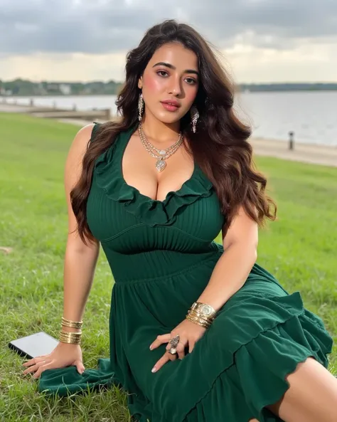 A graceful woman with wavy, dark brown hair sits on a lush green field near a calm body of water, exuding elegance and serenity. She wears a flowing emerald-green dress with ruffled details, draping beautifully around her. Her bare feet rest gently on the ...