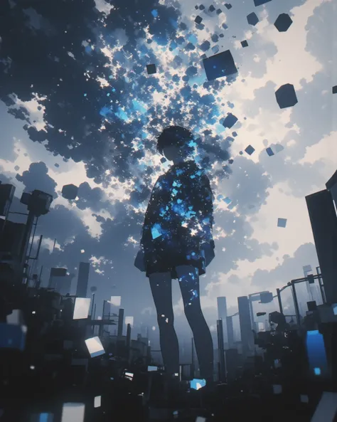 Cube particle effect foreground, cube, shine, girl silhouette, Cube particle effect overlapping with girl silhouette, cloudy, pinhole photography