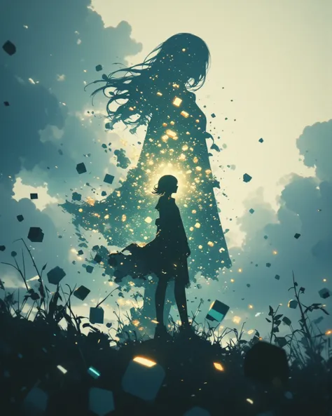 Cube particle effect foreground, cube, shine, girl silhouette, Cube particle effect overlapping with girl silhouette, cloudy, pinhole photography