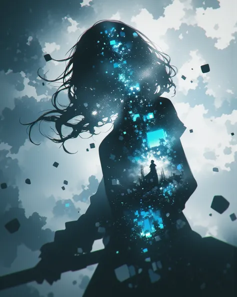 Cube particle effect foreground, cube, shine, girl silhouette, Cube particle effect overlapping with girl silhouette, cloudy, pinhole photography