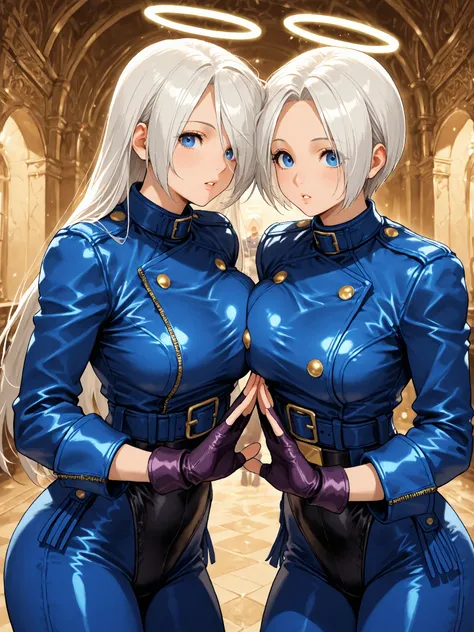 2girls, Angel (from King of Fighters) and her clone from King of Fighters, King of Fighters, Angel's suit, Dimly lit lab, They have different hair colors (each girl), big busty breasts, parted lips, Angel's clone, they're almost kissing each other, glance ...