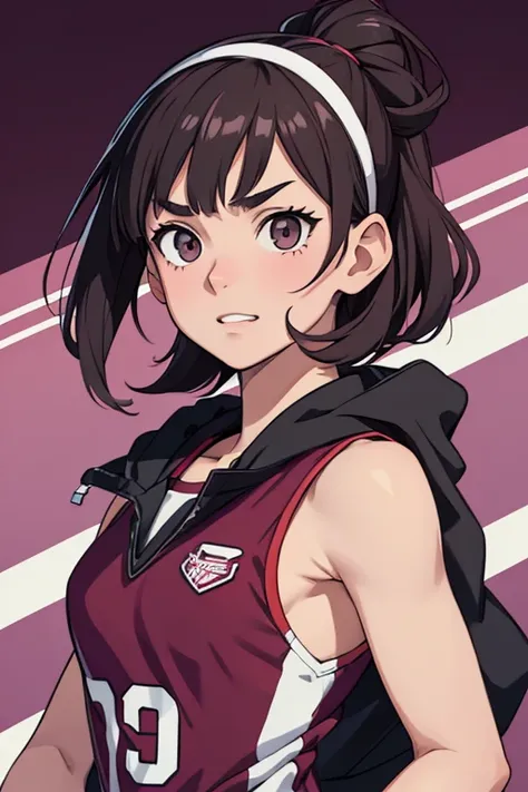  teenage girl in haikyuu ,   ,  sister of the Miyas  , some muscles  ,   gray eyes ,  bushy eyebrows, short dark brown hair with purple highlights,  dressed in a volleyball uniform   (  burgundy and black , WITH THE NUMBER 9  ) sonriendo arrogante , foregr...