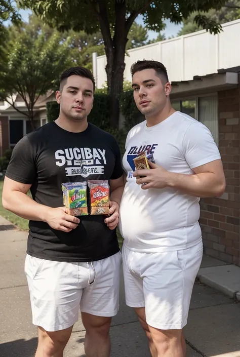 Two very handsome White gay men in the suburbs, very plump bellies, fat faces, holding snacks, embarrassed 