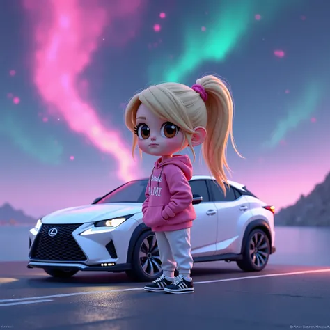  Pixar-style chibi 3D rendering artwork 。 a cute  character 。 The character is from a parking lot by the sea at midnight 、 turning back over here 。 Fantastic、 looking at a mystical landscape 。 wearing white Lexus （FRV type ） is parked 。 the character has b...