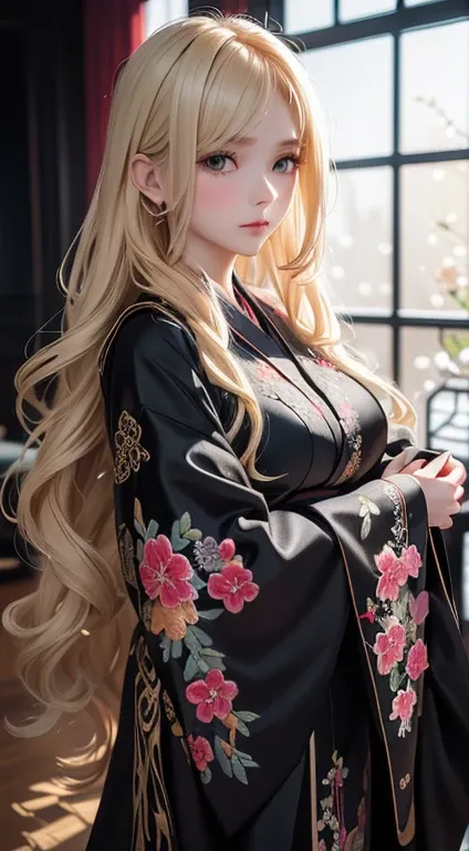   S212  ,  blonde, Soft and loose curls,  black gloves,  Exquisite Costumes (High-end kimono( black kimono(Detailed embroidery))),   Black Lace Gloves  ,   blonde, Soft and loose curls,  Elegant and Mysterious Vibes , Indoor Settings, Smooth white skin, Co...