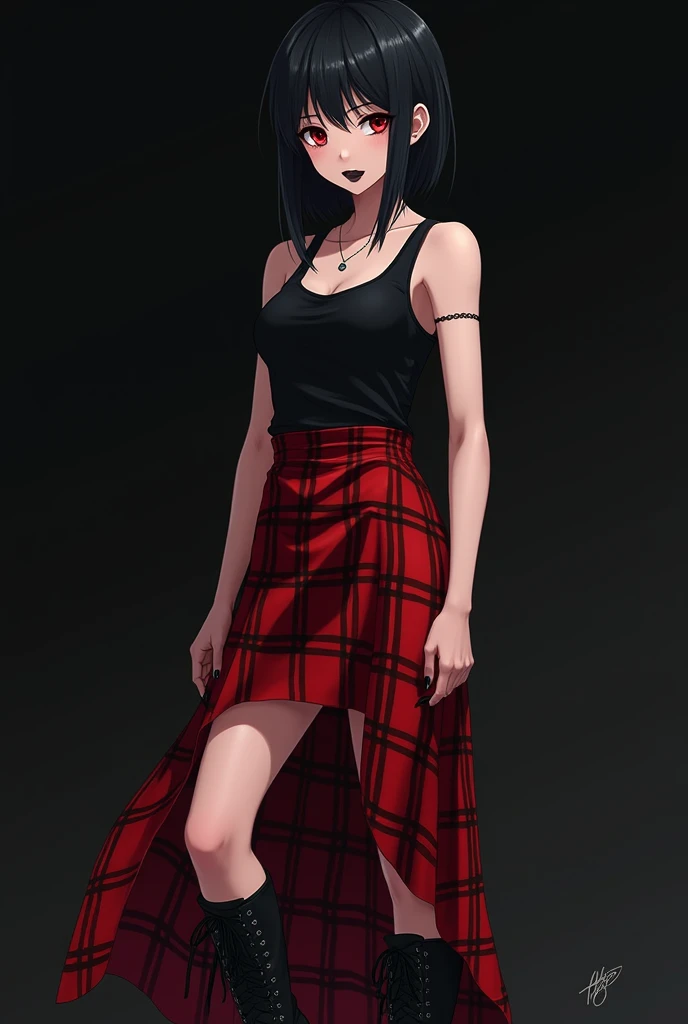 anime young adult female, black hair, eyeshade, black lipstick, black sleeveless tank top, long red plaid skirt, black leather combat boots, black manicure