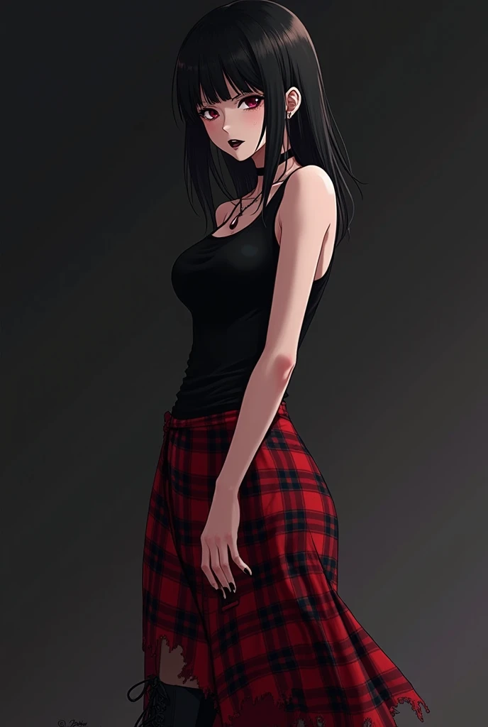 anime young adult female, black hair, eyeshade, black lipstick, black sleeveless tank top, long red plaid skirt, black leather combat boots, black manicure