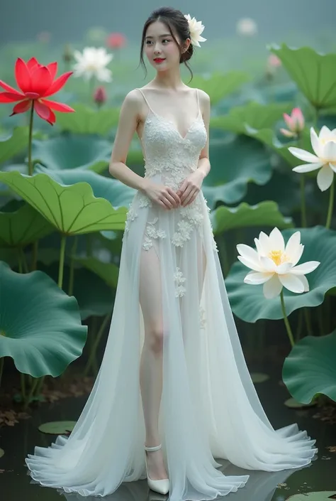 a woman in an elegant, flowing white gown adorned with floral designs. She is standing in a serene environment surrounded by large lotus flowers in various colors, including white and red, along with broad green leaves. The setting resembles a tranquil gar...