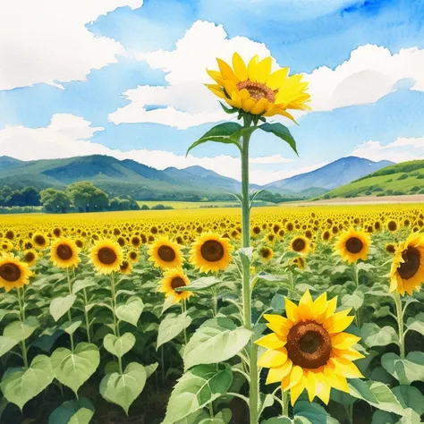 (   Masterpiece:1.2,    Top Quality),(  very detailed that  ),(((watercolor))),8k,   wallpaper, summer,Sunflower. Fuji,   blue sky,(((   Ghibli style   ))),透明watercolor