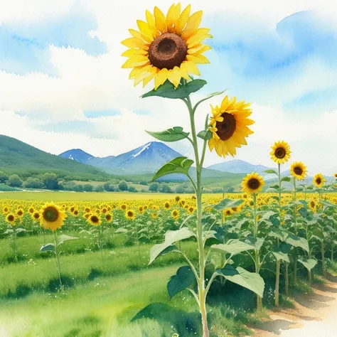 (   Masterpiece:1.2,    Top Quality),(  very detailed that  ),(((watercolor))),8k,   wallpaper, summer,Sunflower. Fuji,   blue sky,(((   Ghibli style   ))),透明watercolor