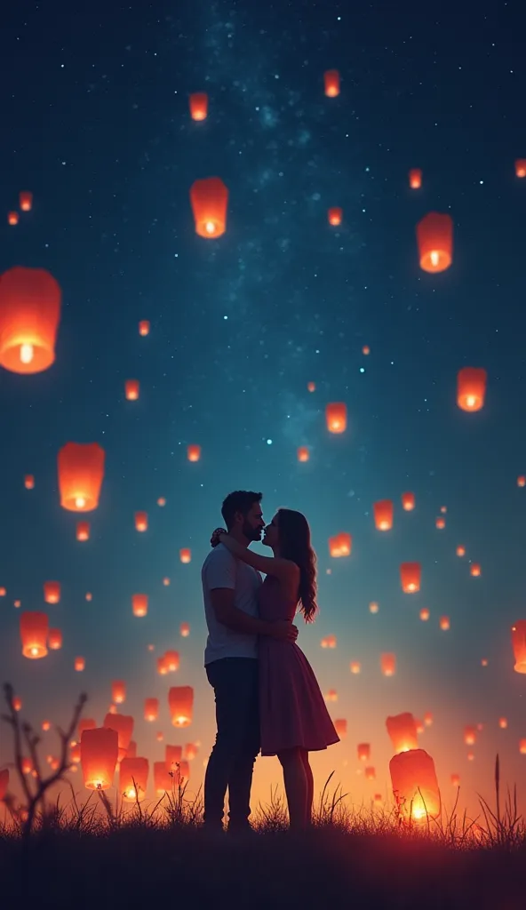 Create an enchanting image of a couple embracing under a starry night sky. The scene is filled with glowing lanterns floating in the air, symbolizing love and dreams. The couple stands close, wrapped in each other's arms, with a serene, magical atmosphere ...