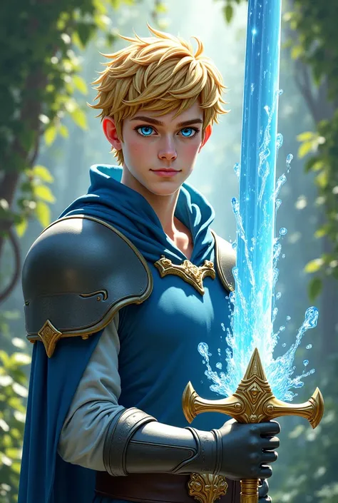 A blue-eyed, short-haired blond prince with a water sword 