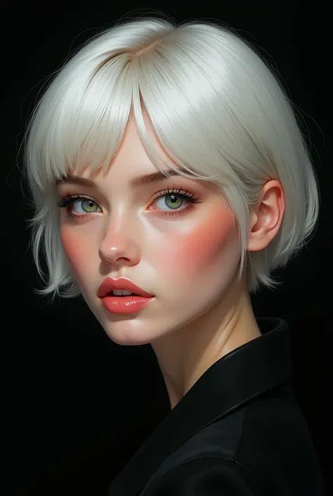 A women. Semi realistic. Has short white hair with short curtain bangs. Her cheeks were rosy red, her eyes were ocean green. Black background. An adult. No big eyes.