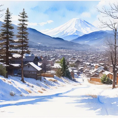 (   Masterpiece:1.2,    Top Quality),(  very detailed that  ),(((watercolor))),8k,   wallpaper, winter,snow. Fuji,   blue sky,(((   Ghibli style   ))),透明watercolor