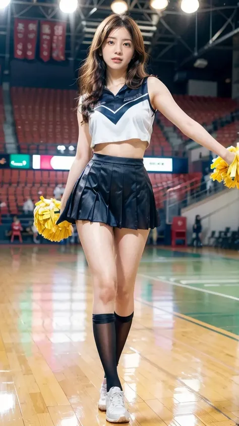 A beautiful young Japanese woman, 20 years old, with perfect anatomy, healthy thighs, beautiful feet, flawless skin, random hair color and style, large bust, (she is standing:1.2), wearing a cheerleader uniform with micro-pleated miniskirt, in a full body ...