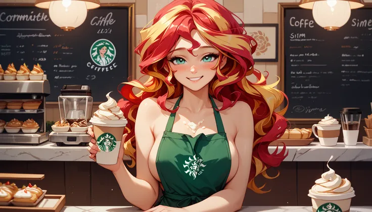 Sunset shimmer, as a barista, standing behind a counter in a coffee shop, wavy hair, bright warm smile, blushing, cream on her face, bright, optimistic, naked, wearing an apron