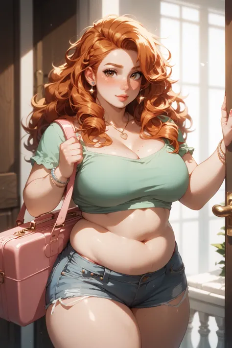 [1 woman who is sexy, curvy, plus sized, FAT, CHUBBY, chunky, chubby, pale skin, freckles, VERY LONG strawberry blonde ginger curly hair, brown eyes, wearing green cropped top and jean shorts, holding pink suitcase, standing in doorway, flustered, blushing...