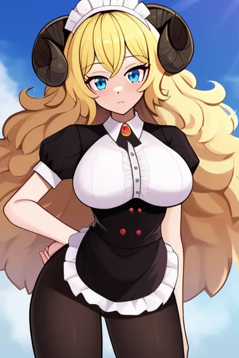 A girl waitress clothes, sheep horns, piel king, white and fluffy hair, with big breasts while looking at you with lust and attraction. blonde, king,  sky blue eyes, transparent black tights that reach up to her thighs.