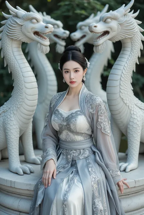 . The ancient Chinese princess has a very beautiful face. , (Zhao Liang Ying ),  smooth white ,Wear shiny antique warrior armor and silver-embroidered lace,Shiny hair ornaments ,  sat on a stone pedestal in the center, ,  has a double-sided marble castle p...