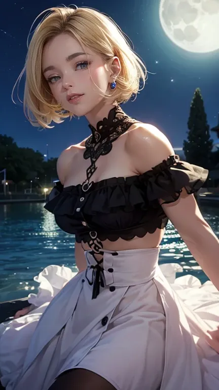 is so lovelyなゴシックガール, 1 woman smiling with her mouth slightly open, (Blonde, short hair, Purple Eyes , Beautiful Eyes, Beautiful eyelashes, Beautiful skin, Beautiful lips, gothic style, Ruffled Dress , cropped tops ), Pursed lips, Close your eyes, Moonligh...