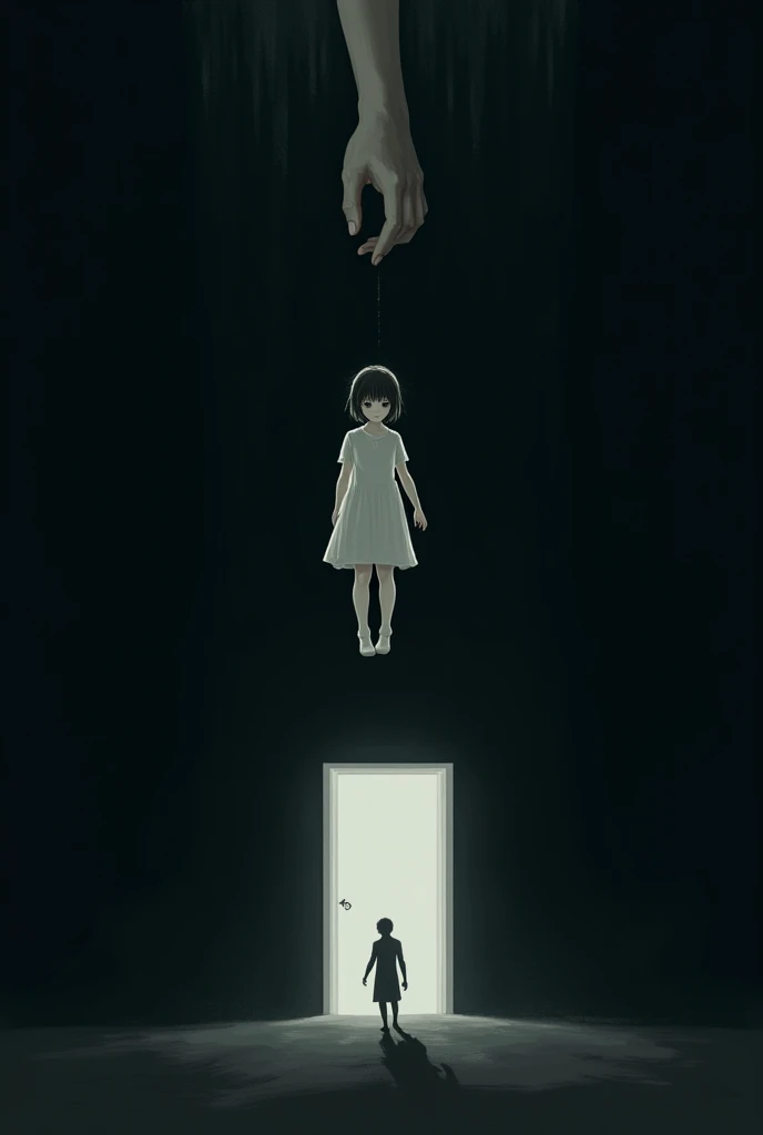 Make a black void with a white door and a hand trying to grab a floating body of a young girl