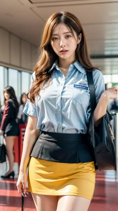 A beautiful, 24-year-old Japanese woman with perfect anatomy, healthy thighs, beautiful legs, beautiful skin, random hair color and style, large breasts, (wearing a flight attendant uniform with a mini-skirt:1.3), (she is standing:1.2), full body shot, pum...