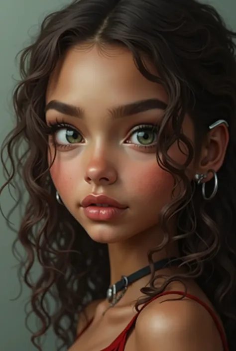 CREATE A FACE, triangular, with long curls ,  wide forehead,  ascending thick eyebrows ,  slanted eyes with green irises ,  wide aquiline nose ,  fine-lipped mouth ,   light brown skin color ,  that is realistic and has a metallic ring on the right ear