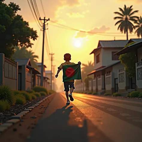 a empty village road forground front top , in background a age bengali boy seen back side view running with a bangladeshi flag, liberation war of bangladesh 1971 time, sunset time dark theme color,