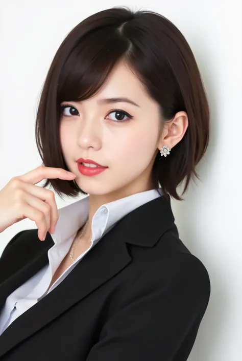 Beautiful Japanese Woman 、、 She is wearing an office lady suit、濃いeyeshadow 、Hairstyleショートカット、 ダークブラウンの髪、ear piercing、   smile showing teeth、 necklace、 white backgr