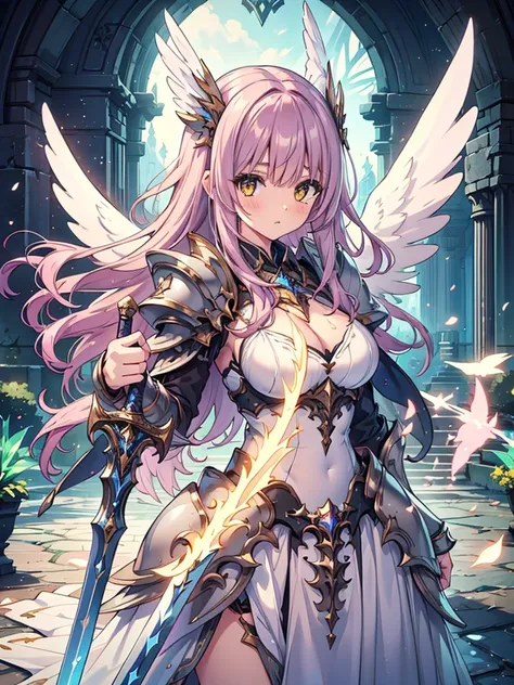 ( Masterpiece),  top quality,  1 girl,  Valkyrie ,  angel knight in a white dress and silver armor,  shiny armor, High Gloss Armor, Reflective Metal Armor, holding sword, (length_sword), pink length curly hair,  yellow eyes, Wings,  White Outfit ,  perfect...