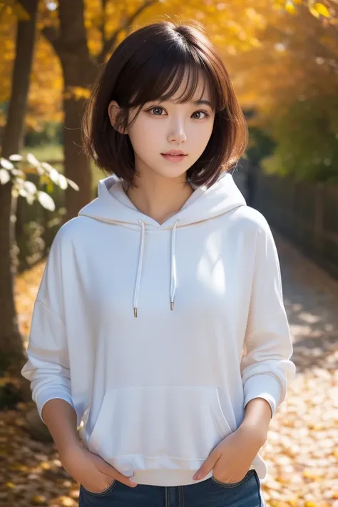  one girl、 perfect anatomy、 Correct human body 、 Layered Haircut 、  Short Wavy Hair  、 woman with cute face、 perfect beauty 、Natural color poncho-style hoodie、silence、White wall、Autumn Tree々々々々々々、White world and autumn leaves々々々々々々々々、  simple background 、 ...