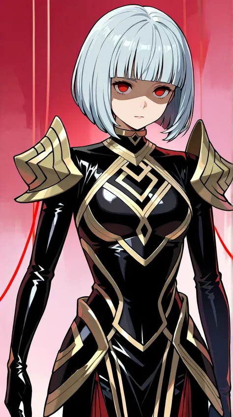 {{{Veronica (fire emblem)}}},neutral, expressionless, standing, looking at viewer, (((blunt cut, bob, blunt bangs, bob cut))), wiry, gloves, choker, platinum gold shoulder,cowboy shot,Shaded face, rolling eyes, no pupils, 1girl, solo, silver hair, red eyes...