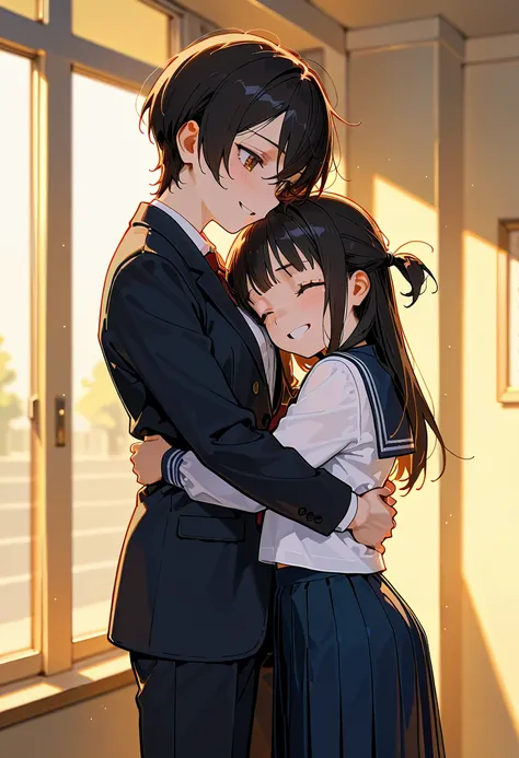 masterpiece, best quality, amazing quality, two girls hug each other, standing, looking away, cowboy shot,2girl, girl(schoolgirl, glad, tearful, short hair, slender, sailor uniform, long sleeves, pleated skirt, ), girl(young adult, glad, smiling, long hair...