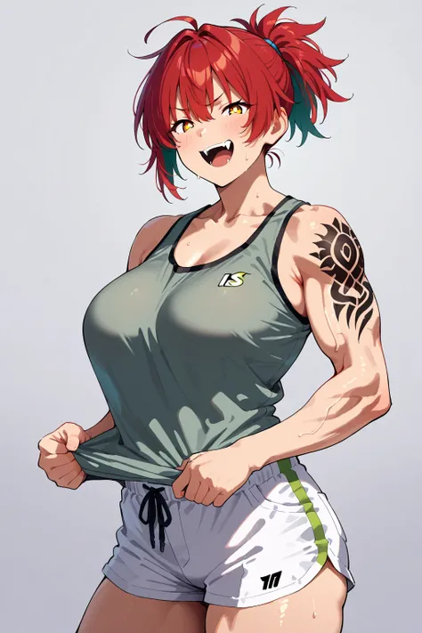   High detail,  high quality ,  Masterpiece, No text, Quality Highlights  , ( Masterpiece,   Best Quality  ,   is very beautiful  ),  1girl  ,  Masterpiece,whole body, Green Short Hair Ponytail , muscle,Red and Blue Odd Pupils,Gray Sleeveless Top , White S...