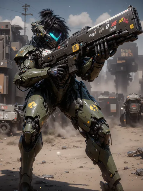 Woman with dark skin, Black Hair in a Bun, Blue Cybernetic Eyes, Wearing an Olive Green Heavy Exo Skeleton Powered Armor, Holding a large rifle in her hands, standing in a military base