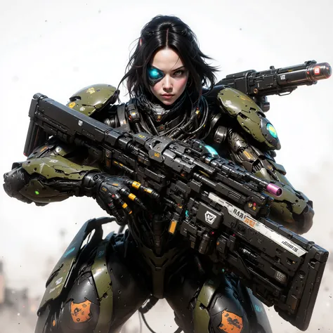 Woman, Black Hair in a Bun, Blue Cybernetic Eyes, Wearing an Olive Green Heavy Exo Skeleton Powered Armor, Holding a large rifle in her hands