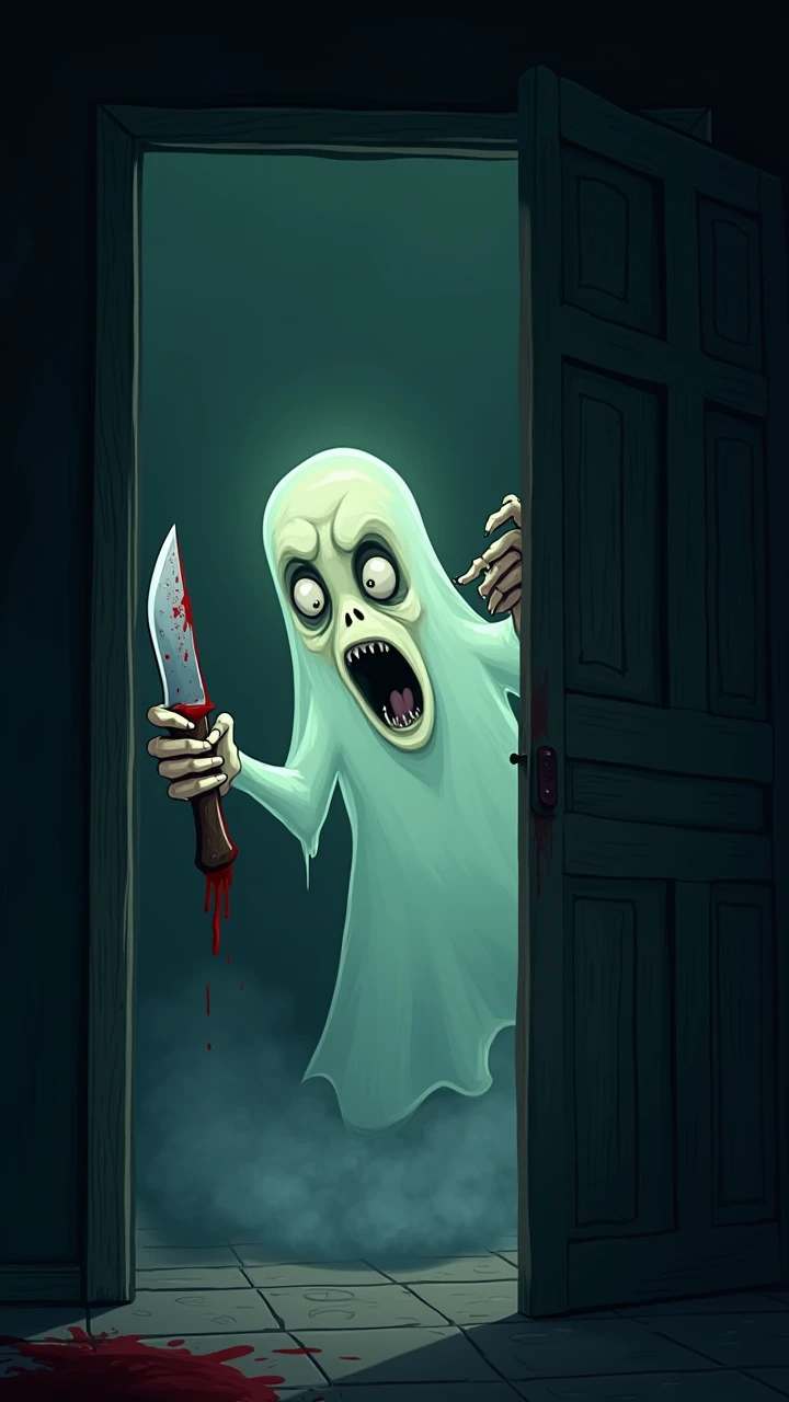 
Ghostly horror cartoon. The door is hauntingly scary, holding a knife ready to kill.