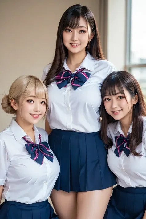 Big Breasts　３ women over　 A woman with blonde hair tied on the left and right sides and white skin　Woman with long dark hair and tan skin　後ろが長いテールの髪型の日本 women over　Closely attached　 are not wearing underwear　 wearing a skirt　 school uniformを着ている　 Japanese ...